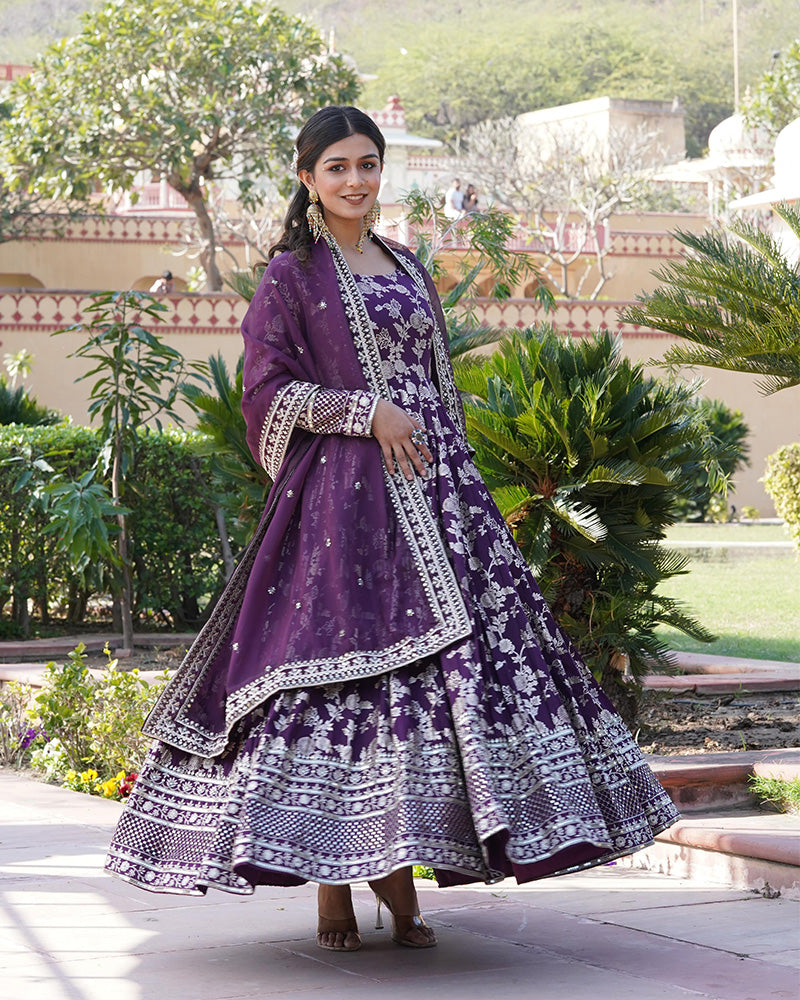 Beautiful Wine Color Viscose Jacquard Gown With Russian Silk Dupatta