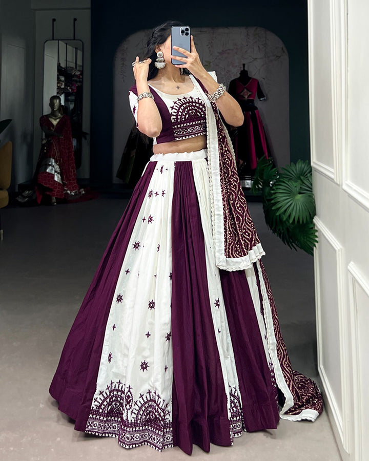 Wine Color Cotton Gamthi Work Navratri Lehenga Choli