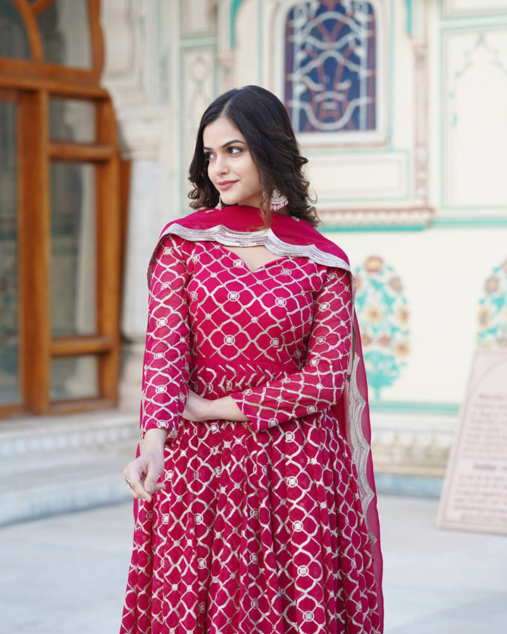 Beautiful Rani Pink Color Embroidery Anarkali Gown With Dupatta