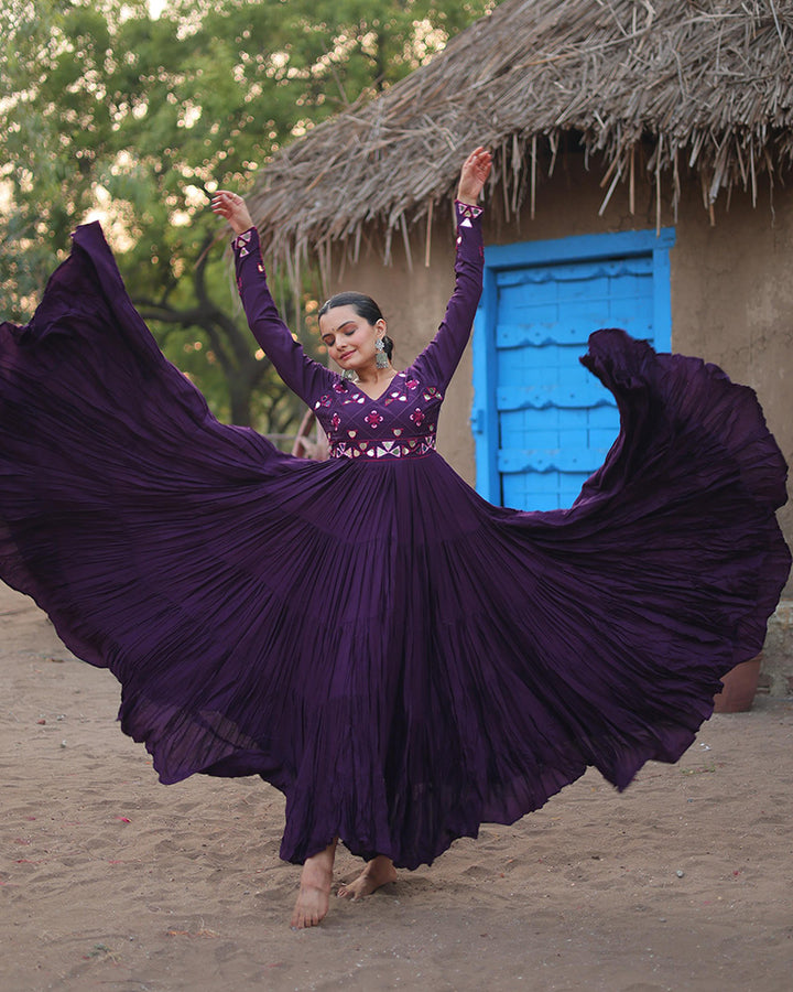 Navratri Special Purple Color Reyon Mirror Work Gown