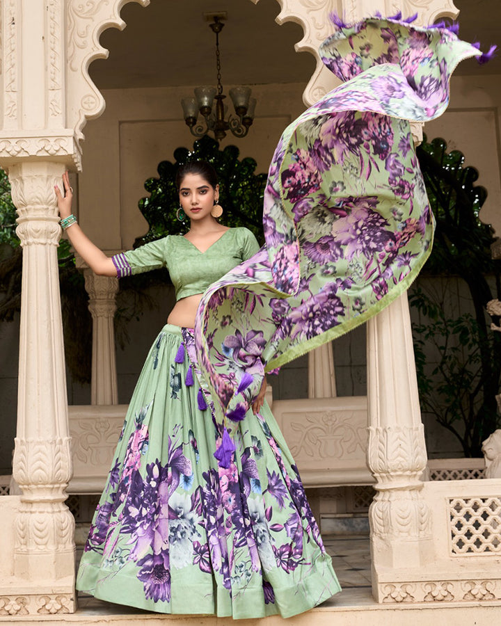 Pista Color Floral Printed Tussar Silk Lehenga Choli