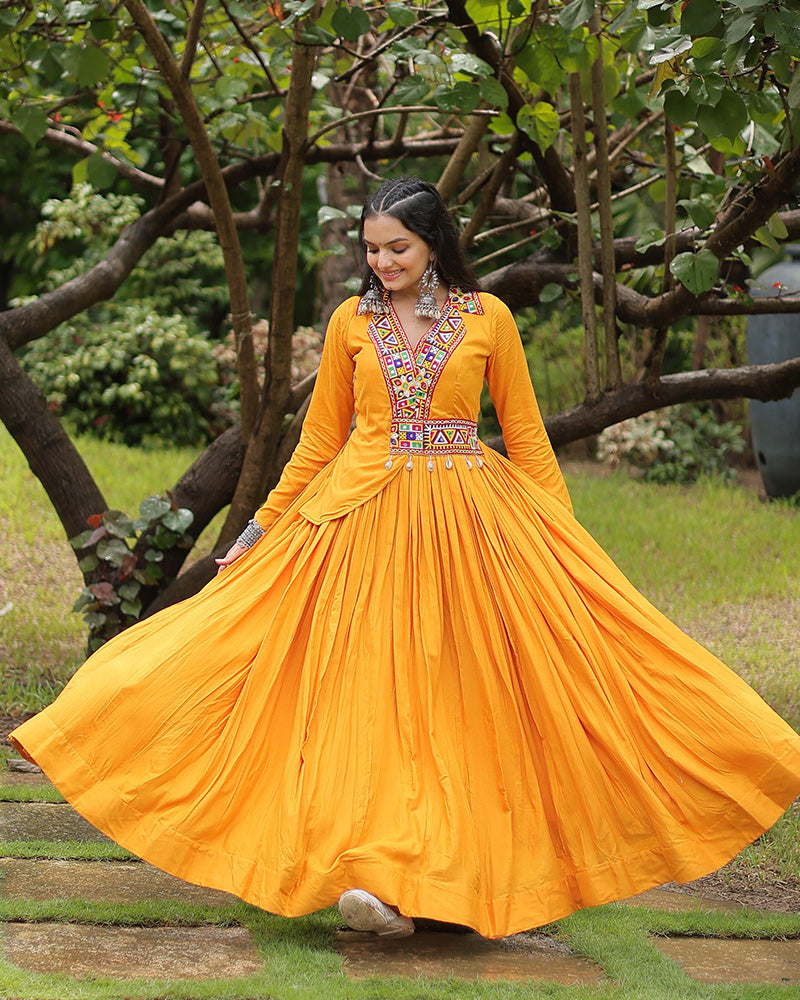 Navratri Special Mustard Color Reyon Designer Koti Style Gown