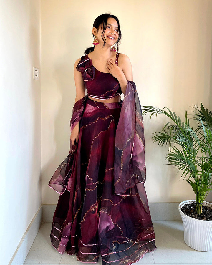 Wine Color Full Stitched Organza Silk Printed Lehenga Choli