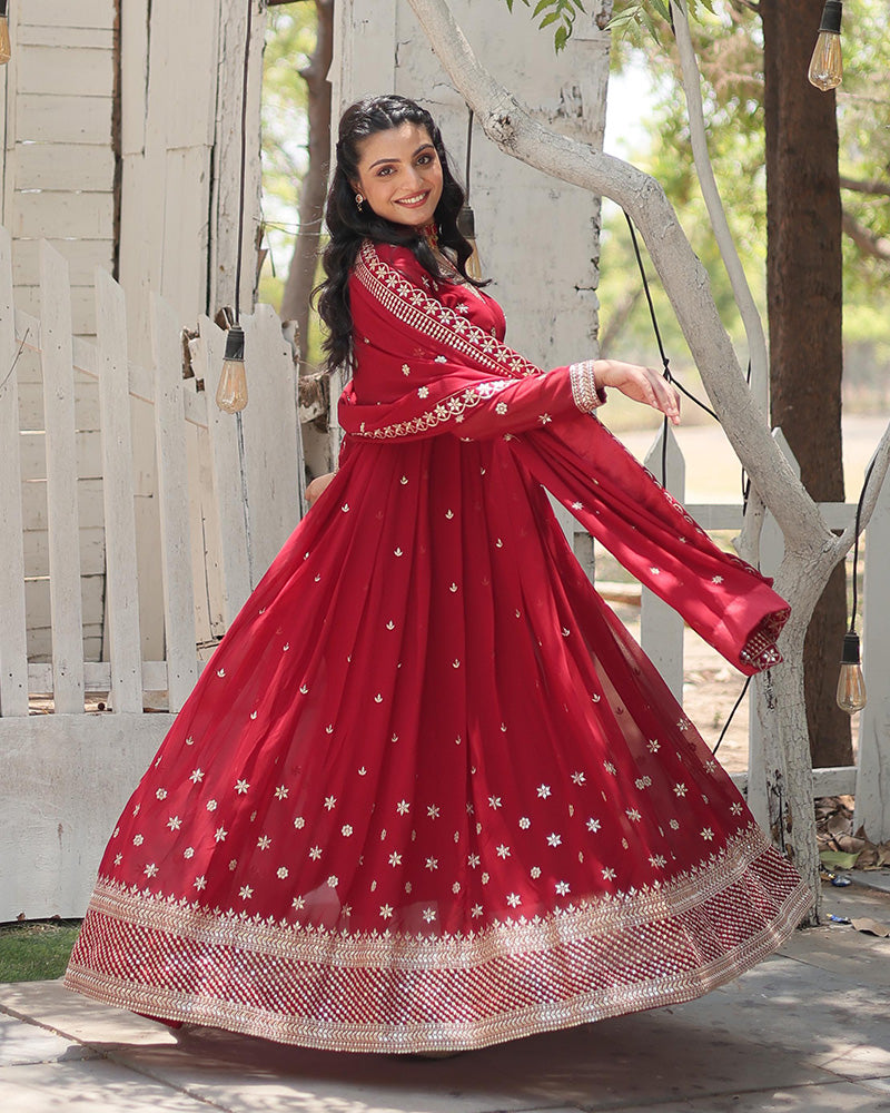 Maroon Color Georgette Gown With Embroidered Dupatta