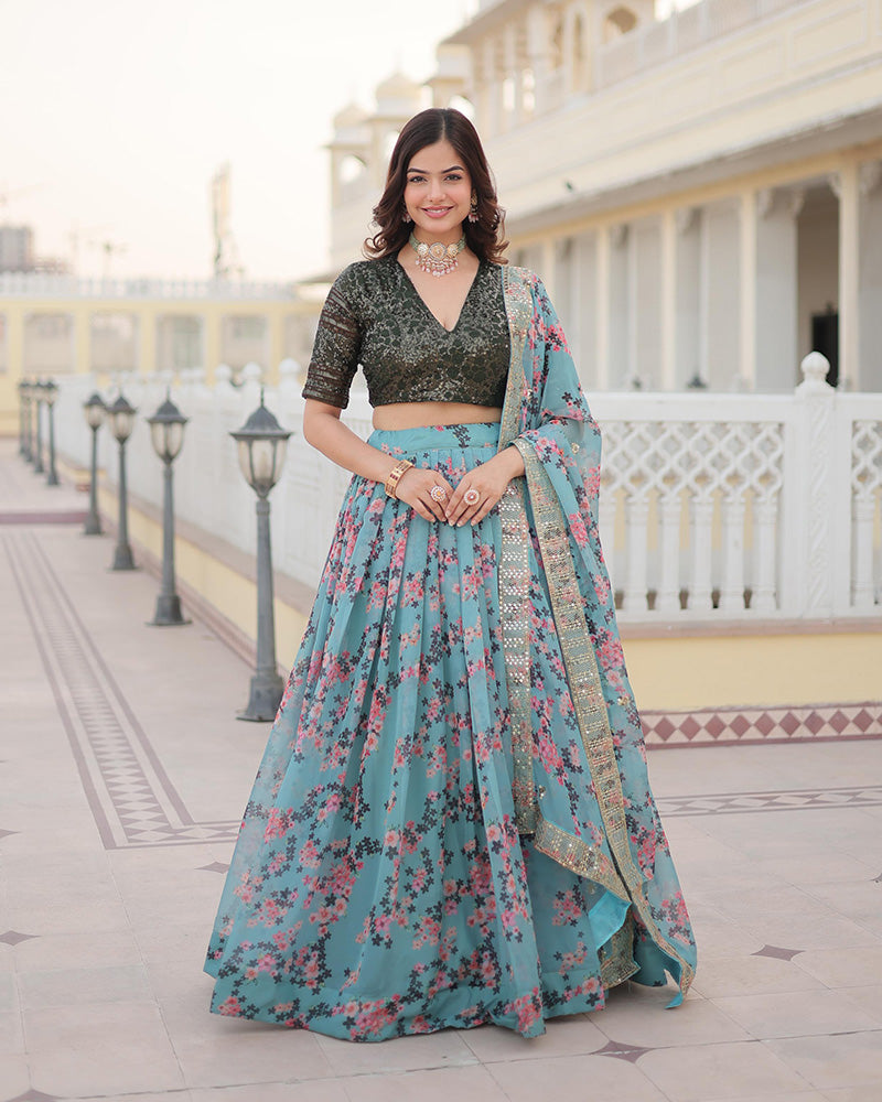 Designer Sky Blue Russian Silk Printed Lehenga Choli