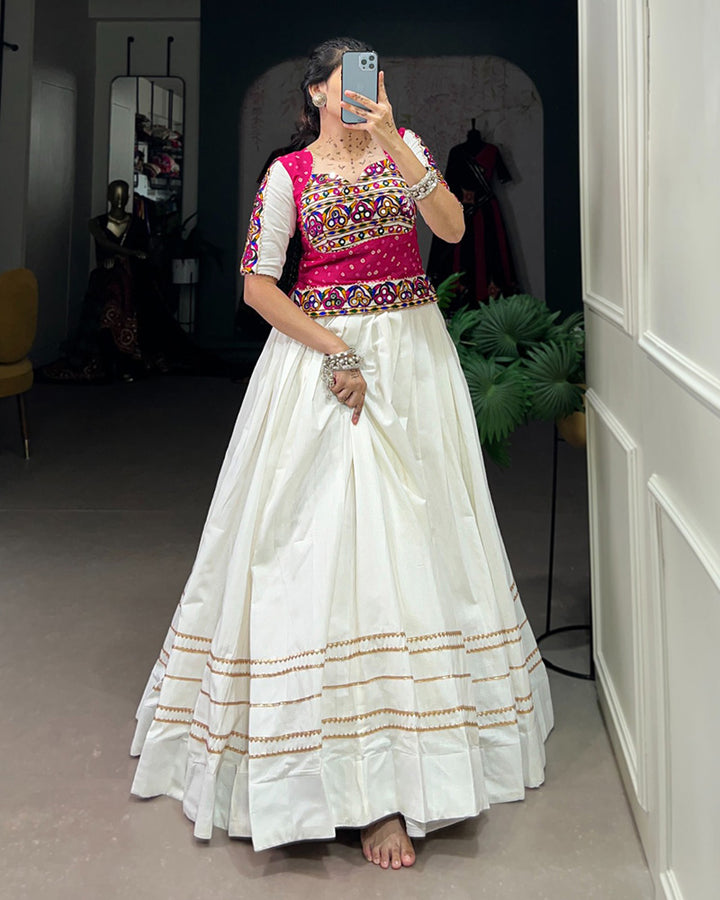 Navratri Wear White Color Cotton Lehenga Choli