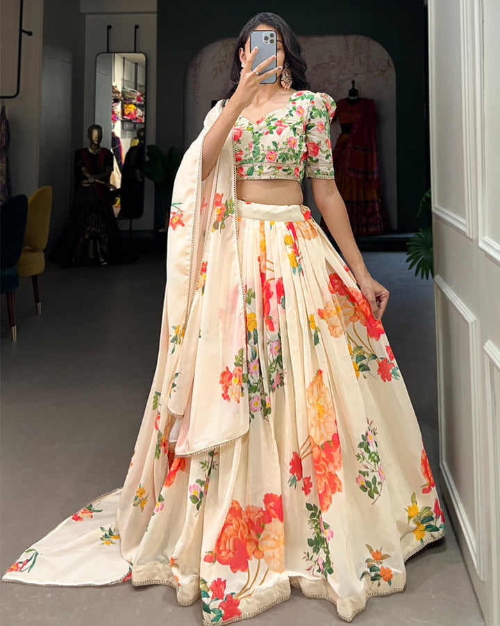 Designer Cream Color Floral Printed Lehenga Choli