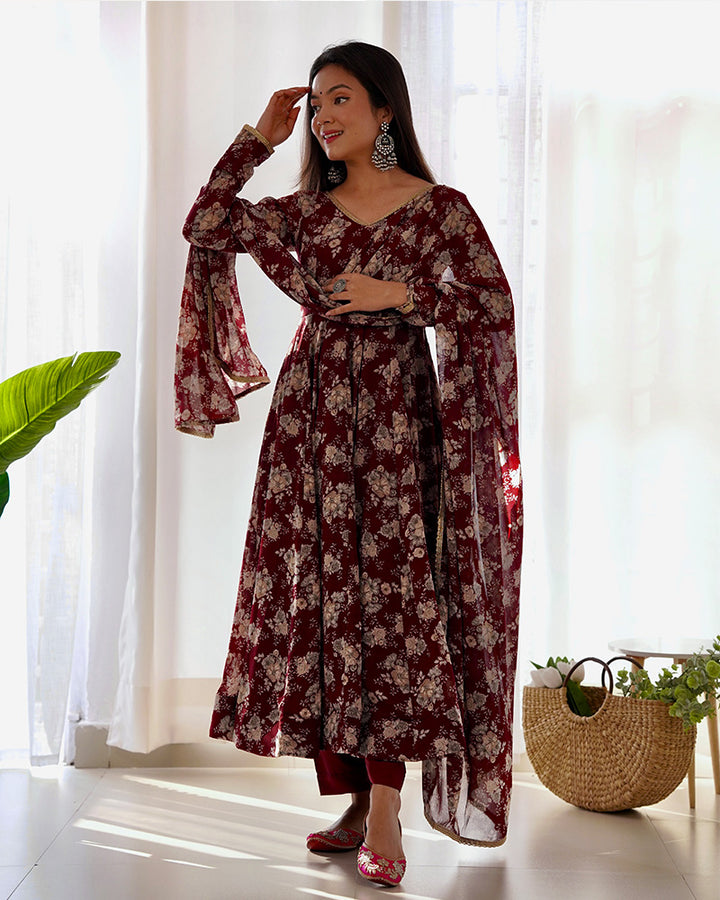 Dark Maroon Floral Printed Georgette Anarkali Suit