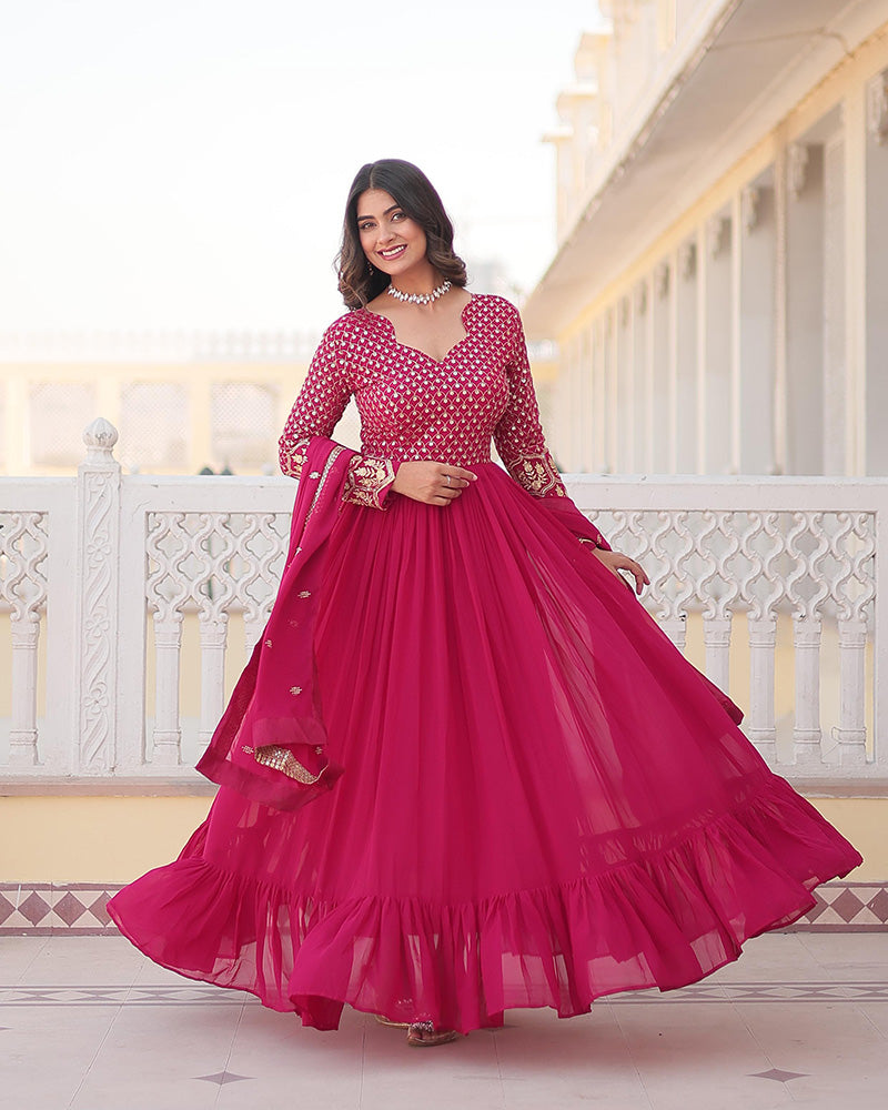 Beautiful Rani Pink Color Blooming Anarkali Gown With Embroidered Dupatta