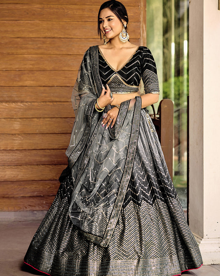 Black Color Chinon Sequence Embroidered Lehenga Choli