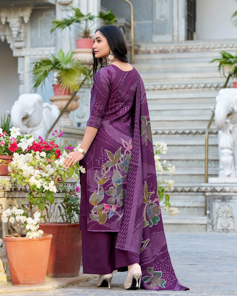 Wine Color Roman Silk Floral Printed Salwar Suit