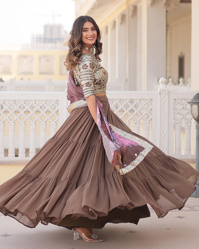 Designer Chocolate Color Faux Georgette Three Layer Lehenga Choli