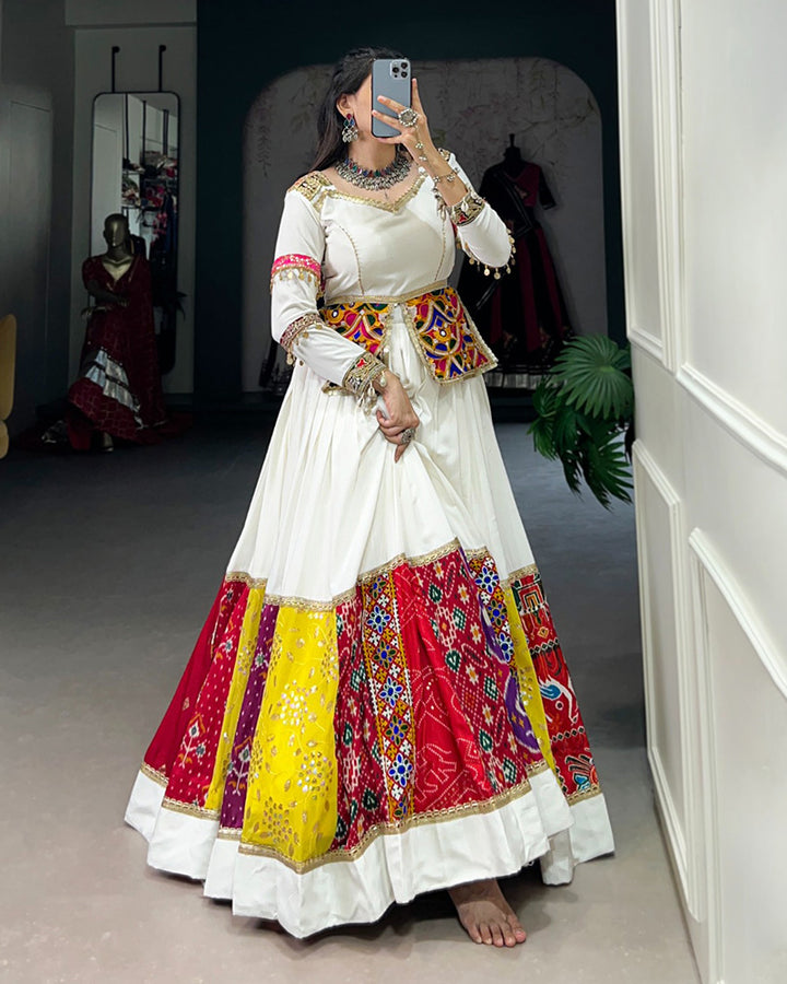 Multi White Color Rayon Gamthi Work Navratri Lehenga Choli