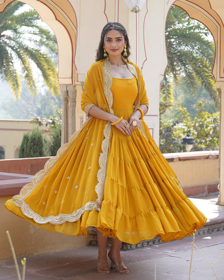 Yellow Color Georgette Frill Gown With Embroidered Dupatta