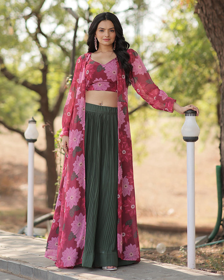 Green Color Faux Georgette Printed Lehenga Choli