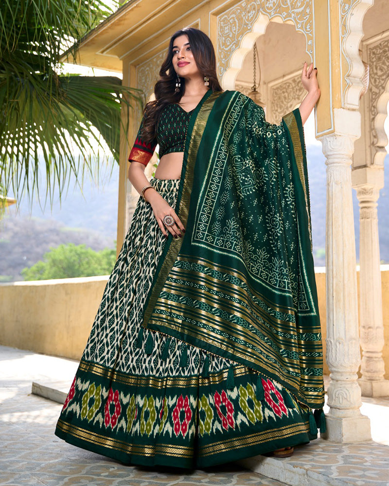 Green Color Tussar Silk Ikkat And Foil Work Lehenga Choli