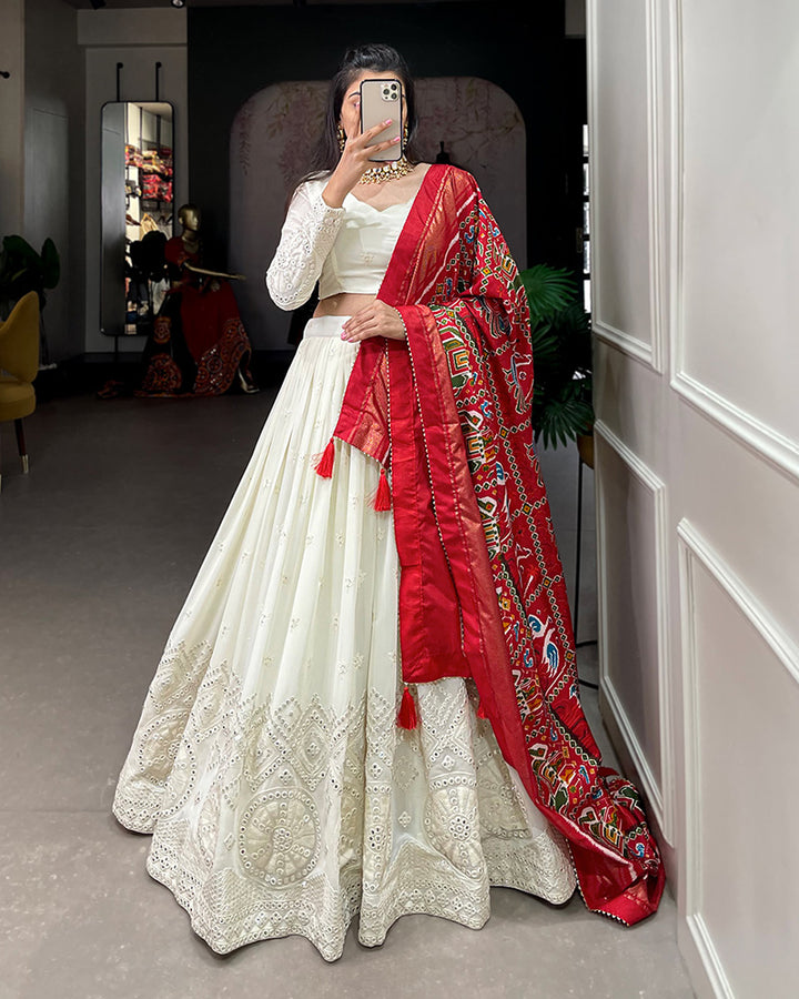 Designer Lucknowi Work Georgette Lehenga Choli With Red Patola Print Dupatta