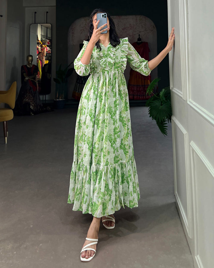 Parrot Green Color Georgette Floral Printed Kurti