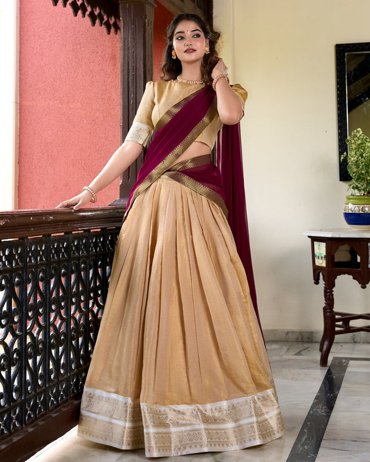 Designer Cream Color Kanchipuram Lehenga Choli