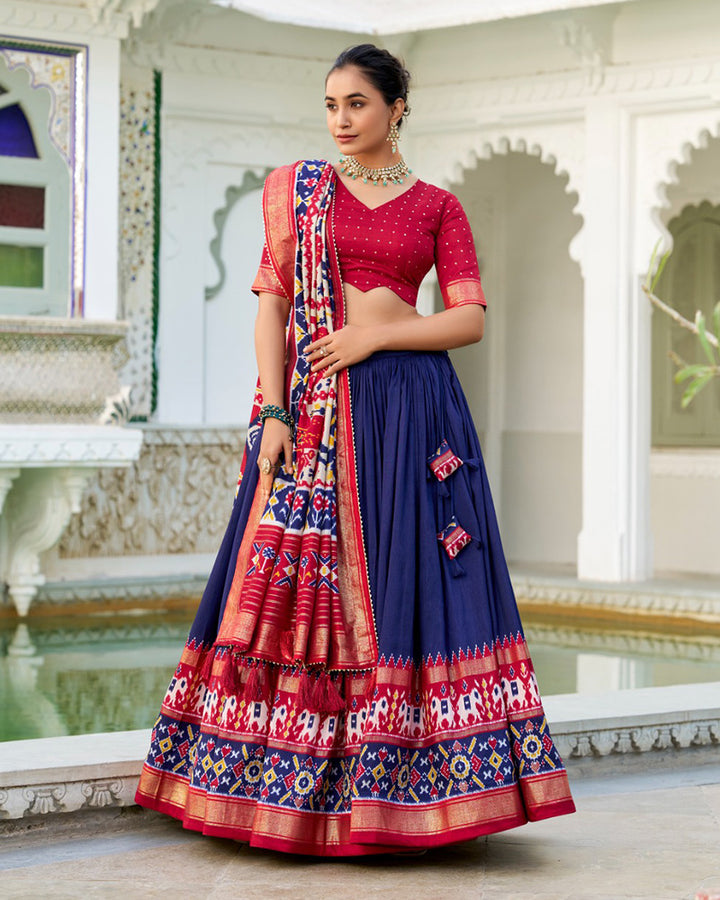 Patola Printed Navy Blue Color Tussar Silk Lehenga Choli