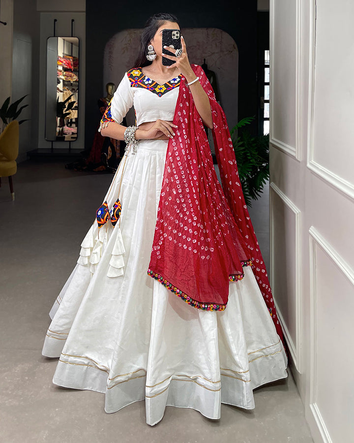 Designer White Color Cotton Fully Stitched Lehenga Choli With Bandhej Dupatta