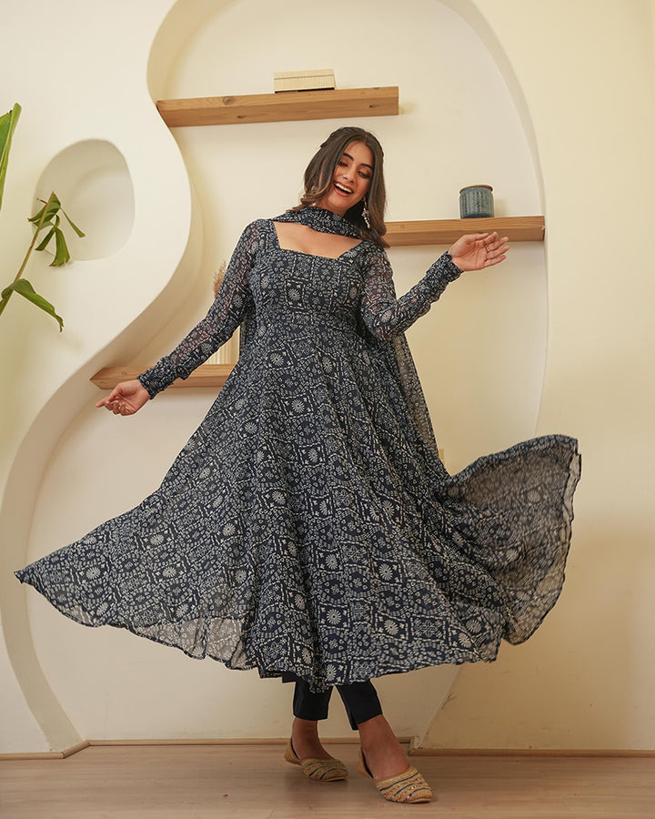 Navy Blue Color Georgette Digital Printed Anarkali Suit