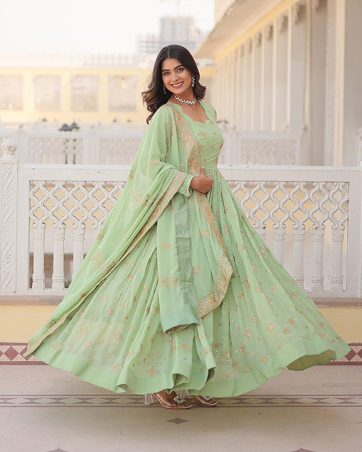 Beautiful Pista Color Georgette Gown With Embroidered Dupatta