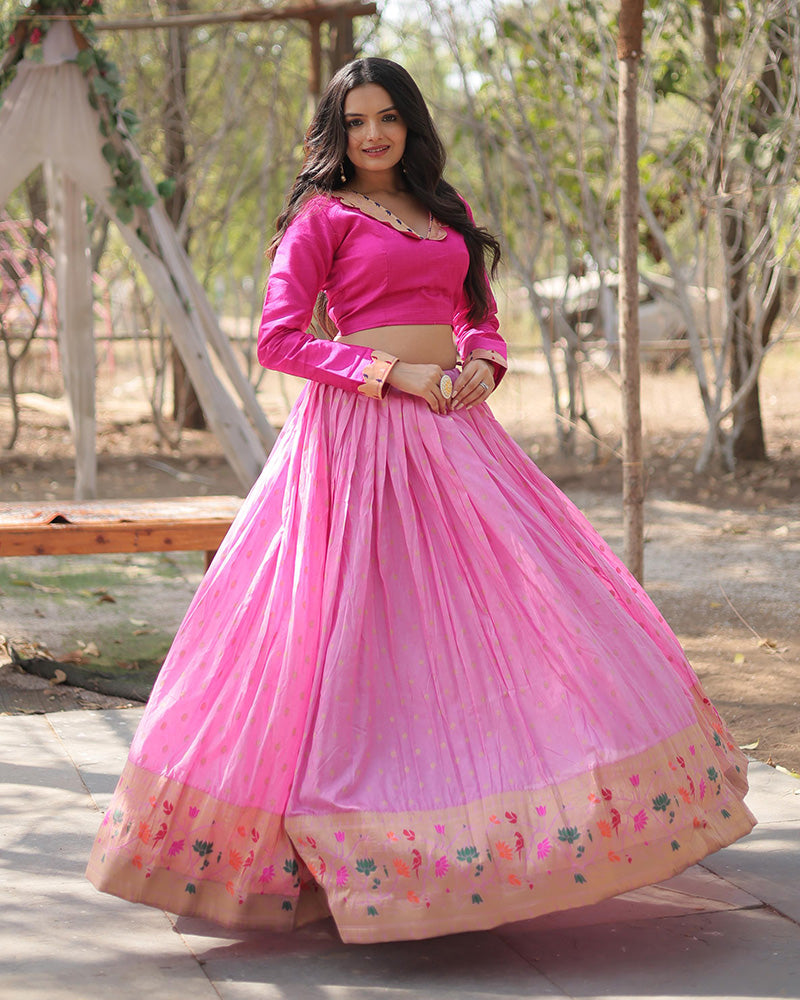 Pink Color Jacquard Crop Top Lehenga Choli