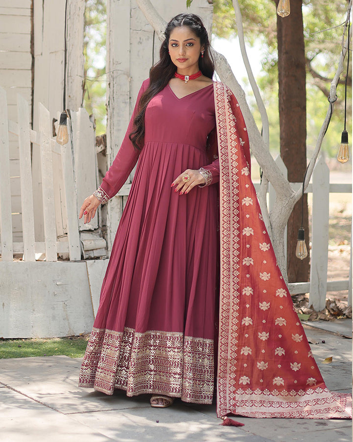 Dusty Pink Color Georgette Gown With Jacquard Dupatta