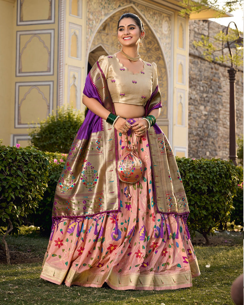 Designer Peach Color Jacquard Paithani Lehenga Choli