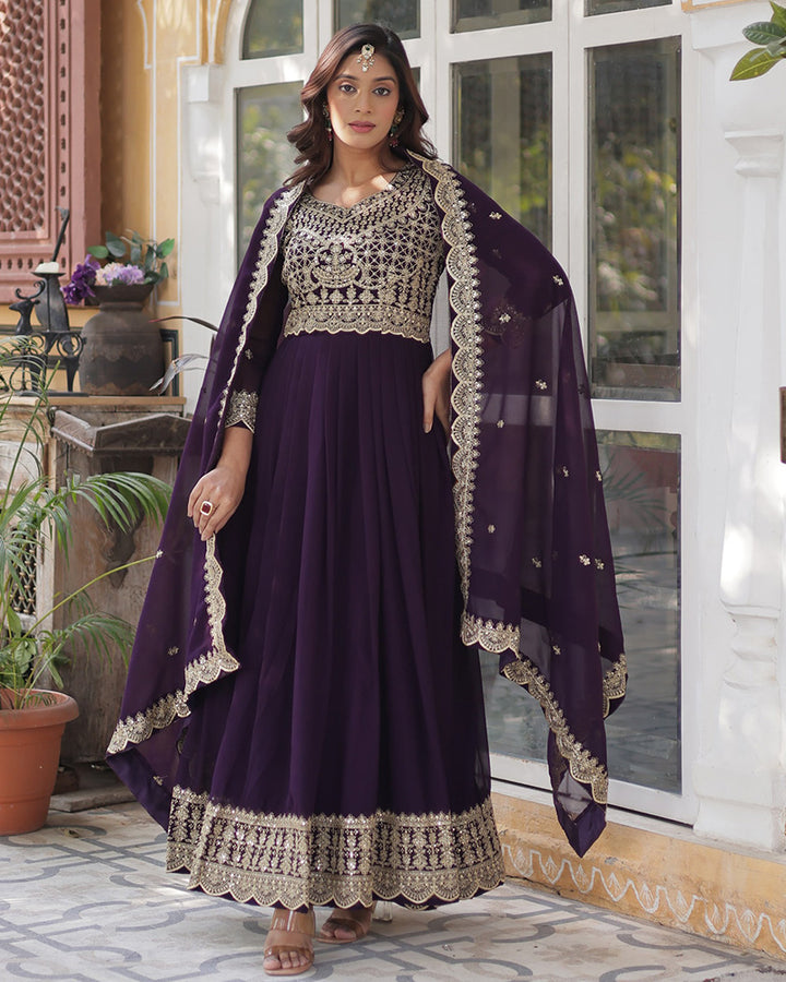 Designer Violet Color Gown With Sequence Embroidered Dupatta