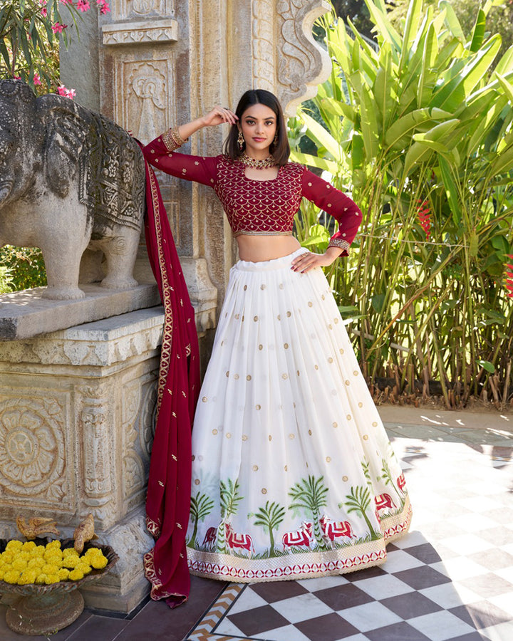 Wedding Wear White Color Georgette Embroidery Lehenga Choli