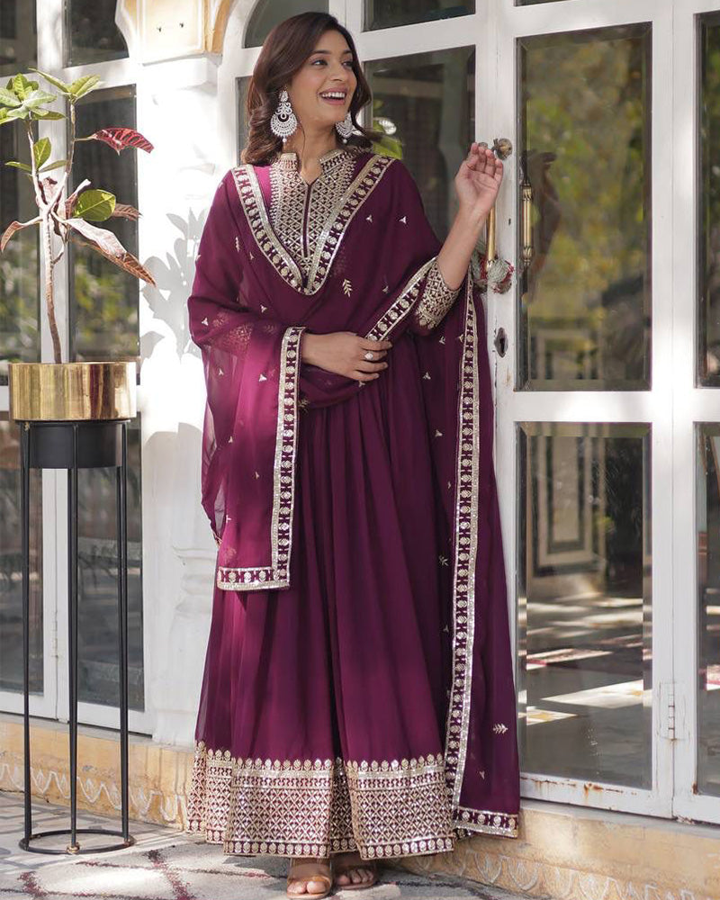 Designer Wine Color Gown With Sequence Embroidered Dupatta