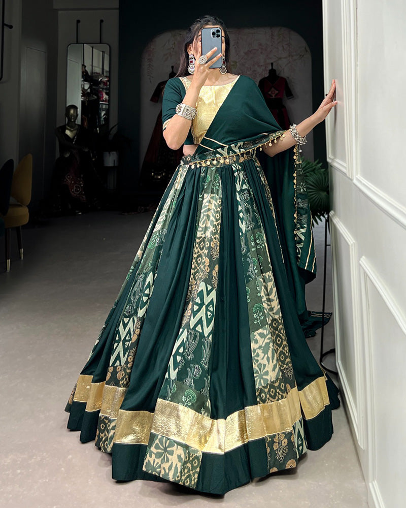 Green Color Rayon And Tussar Silk Printed Navratri Lehenga Choli