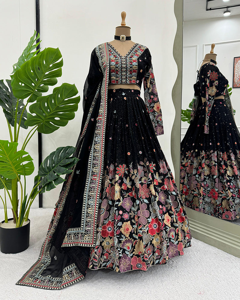 Black Color Georgette Sequence Embroidered Lehenga Choli