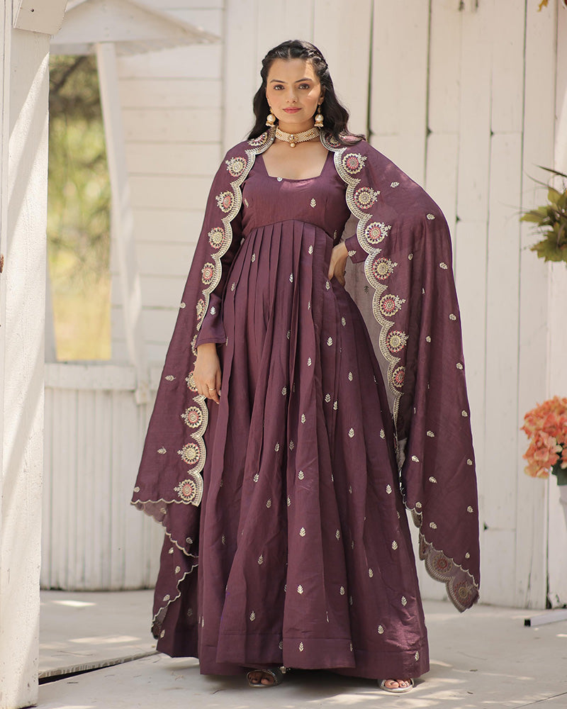 Beautiful Onion Color Shimmer Gown With Embroidered Dupatta