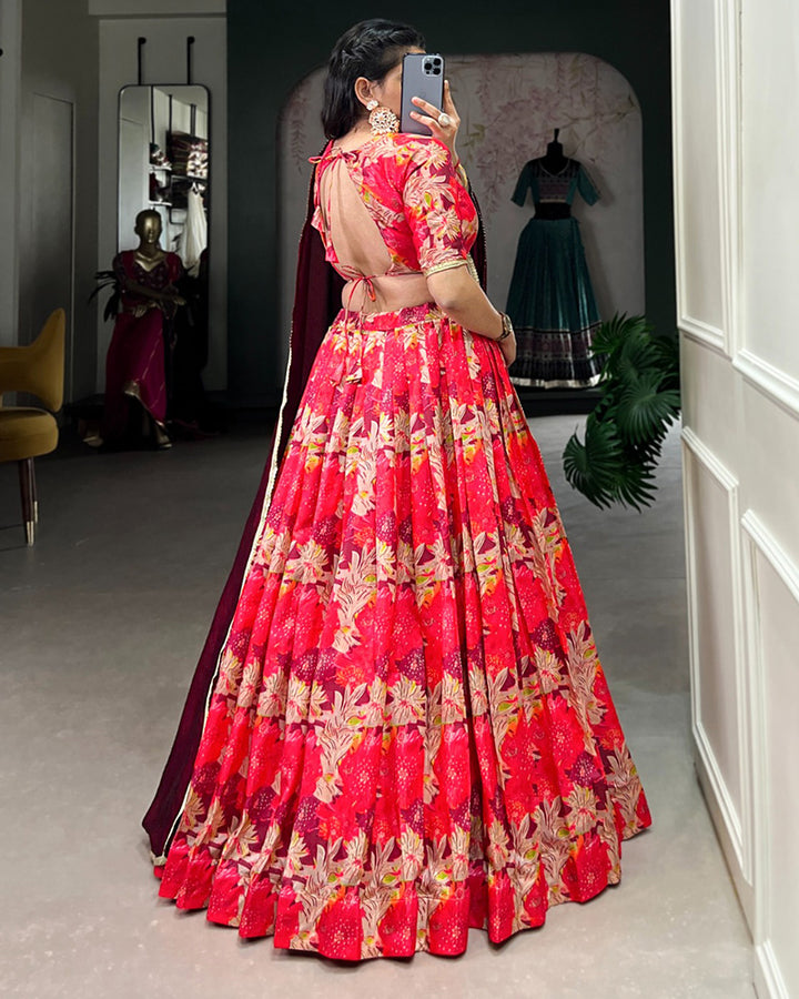 Printed Red Color Tussar Silk Lehenga Choli