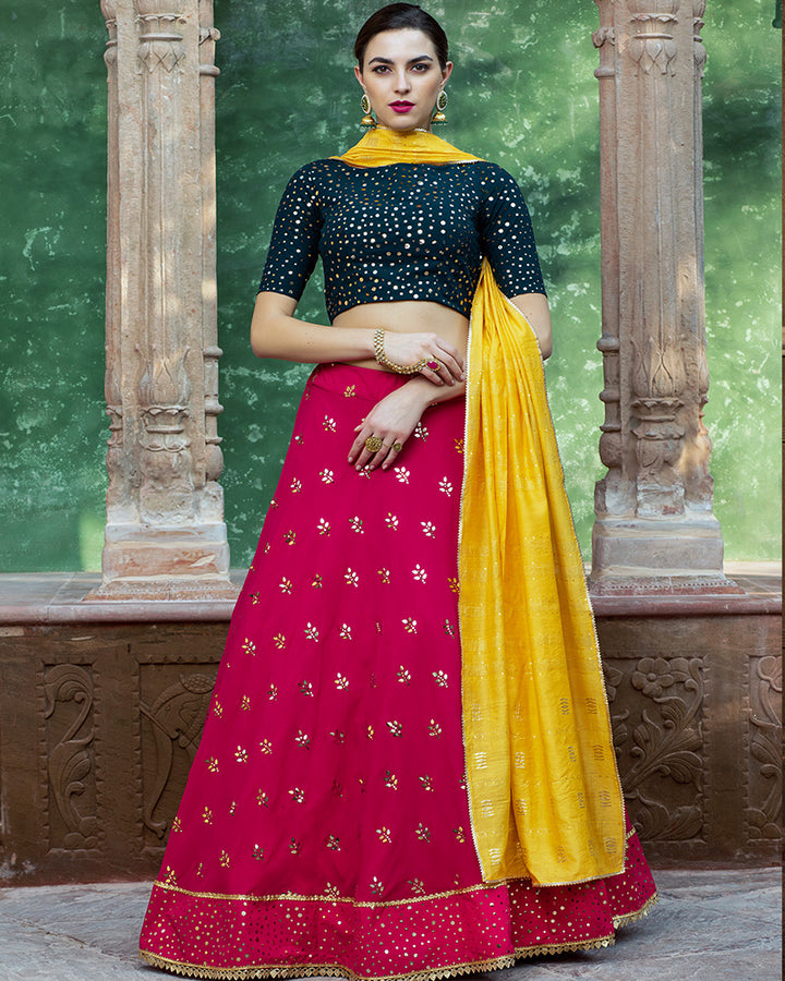 Rani Pink, Yellow, Dark Green Color Designer Georgette Lehenga Choli