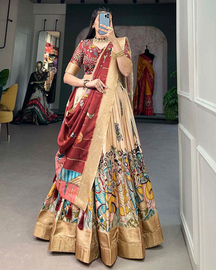 Exclusive Designer Cream Color Kalamkari Printed Dola Silk Lehenga Choli