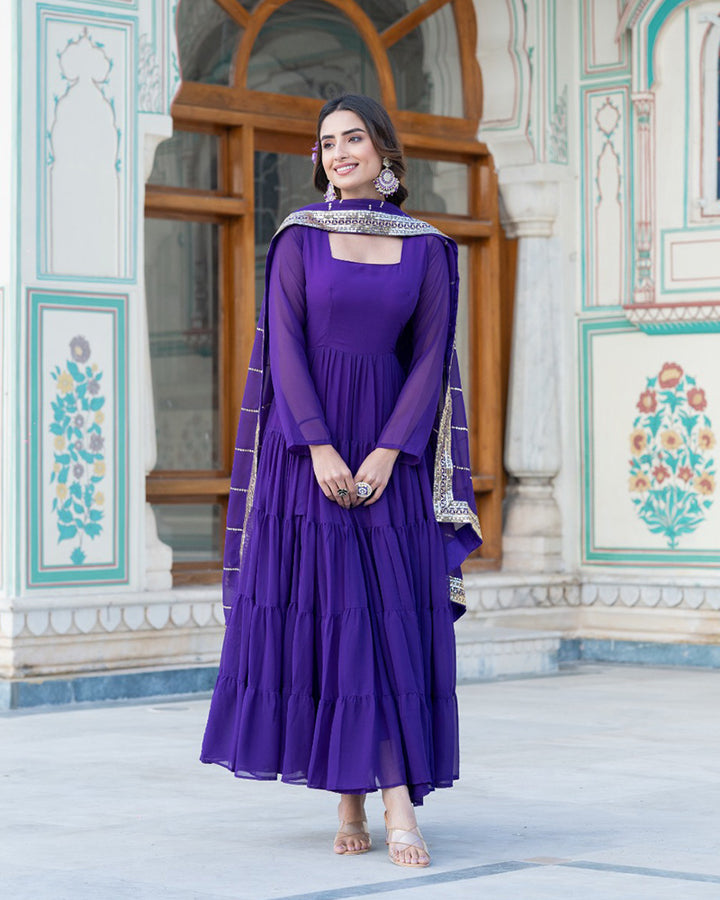 Purple Color Georgette Frill Anarkali Gown With Heavy Dupatta Work