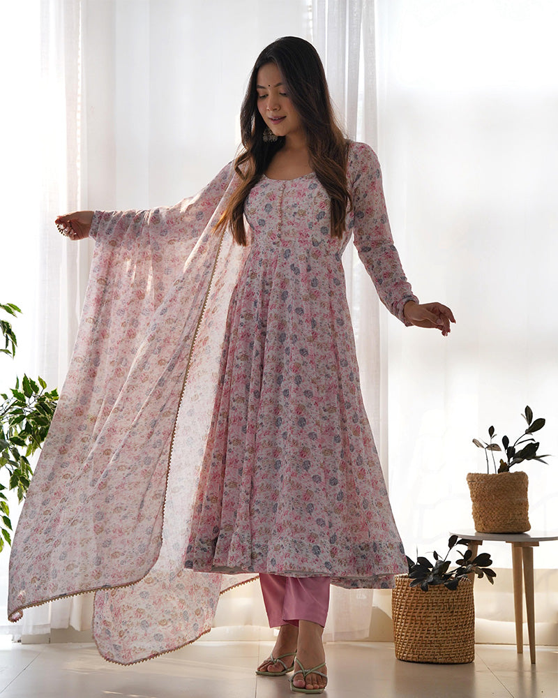 Baby Pink Color Floral Printed Chiffon Three Piece Anarkali Suit