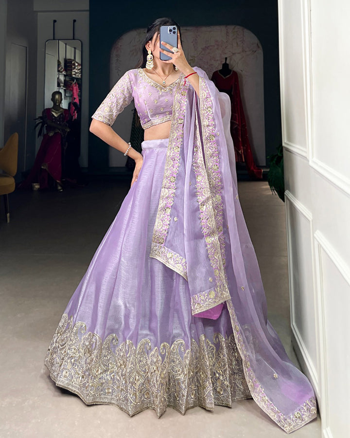 Lavender Color Burberry Silk Embroidered Lehenga Choli