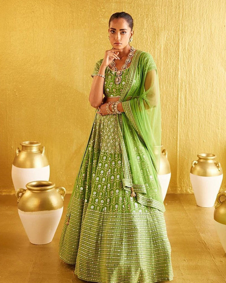 Parrot Green Color Banglori Silk Embroidery Lehenga Choli