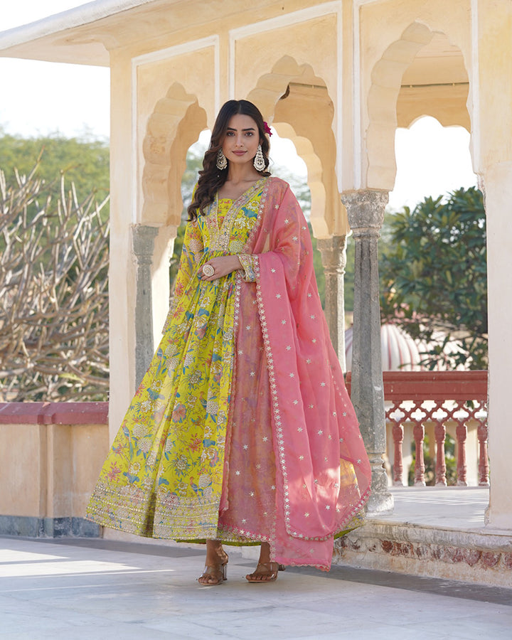 Yellow Color Russian Silk Gown With Designer Dupatta