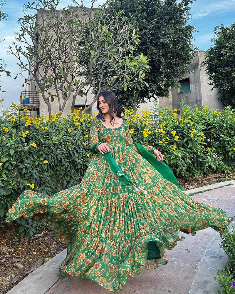 Green Color Faux Georgette Printed Gown With Dupatta