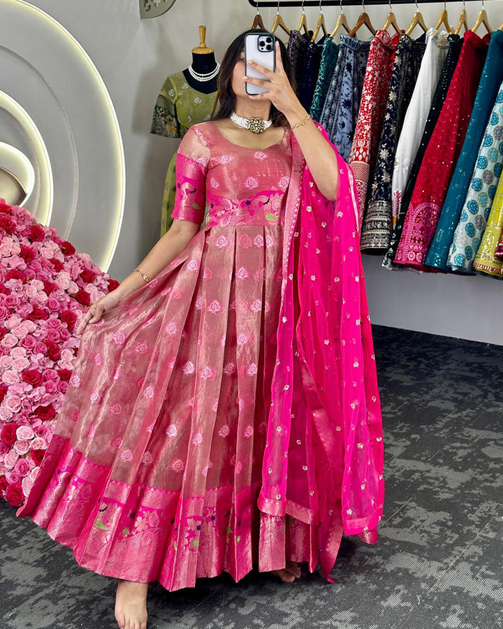 Pink Color Kota Silk Jacquard Gown With Dupatta