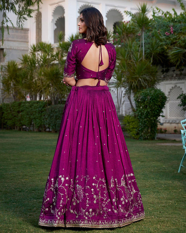 Designer Wine Color Vichitra Silk Embroidery Lehenga Choli