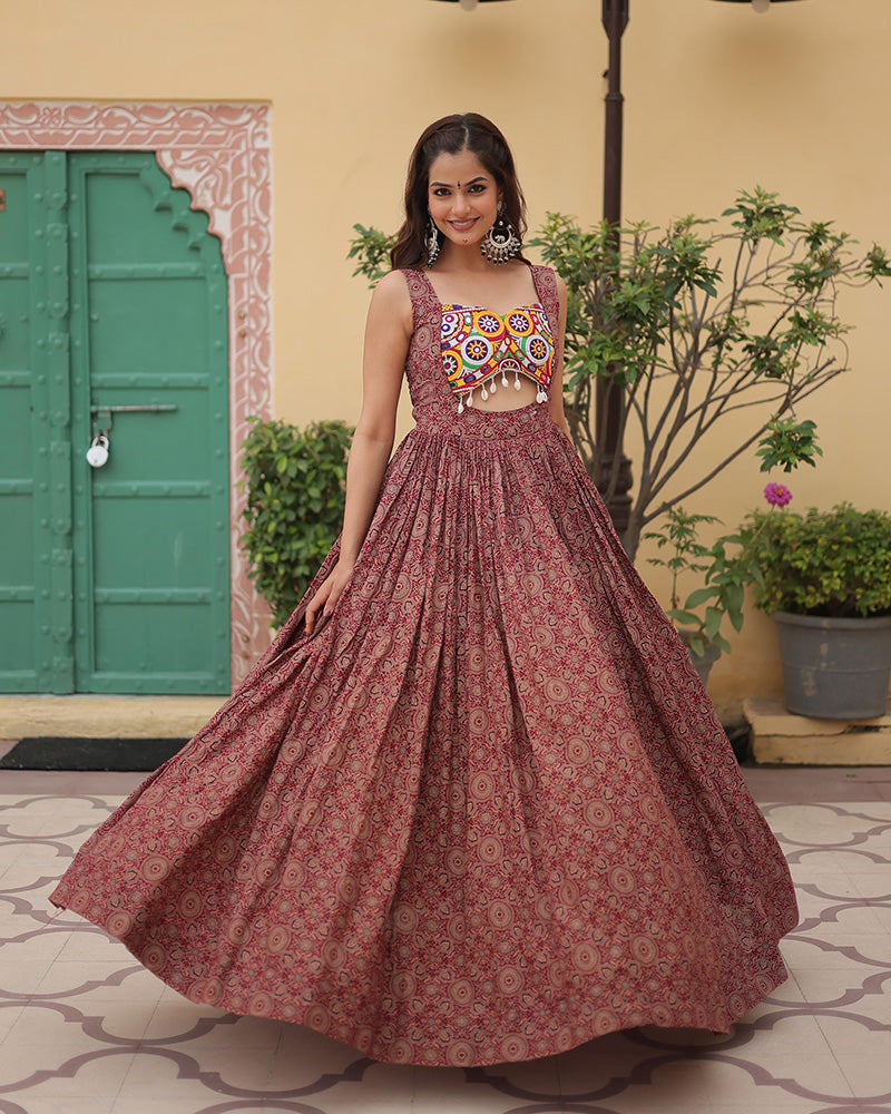 Navratri Special Maroon Color Cotton Printed Gown