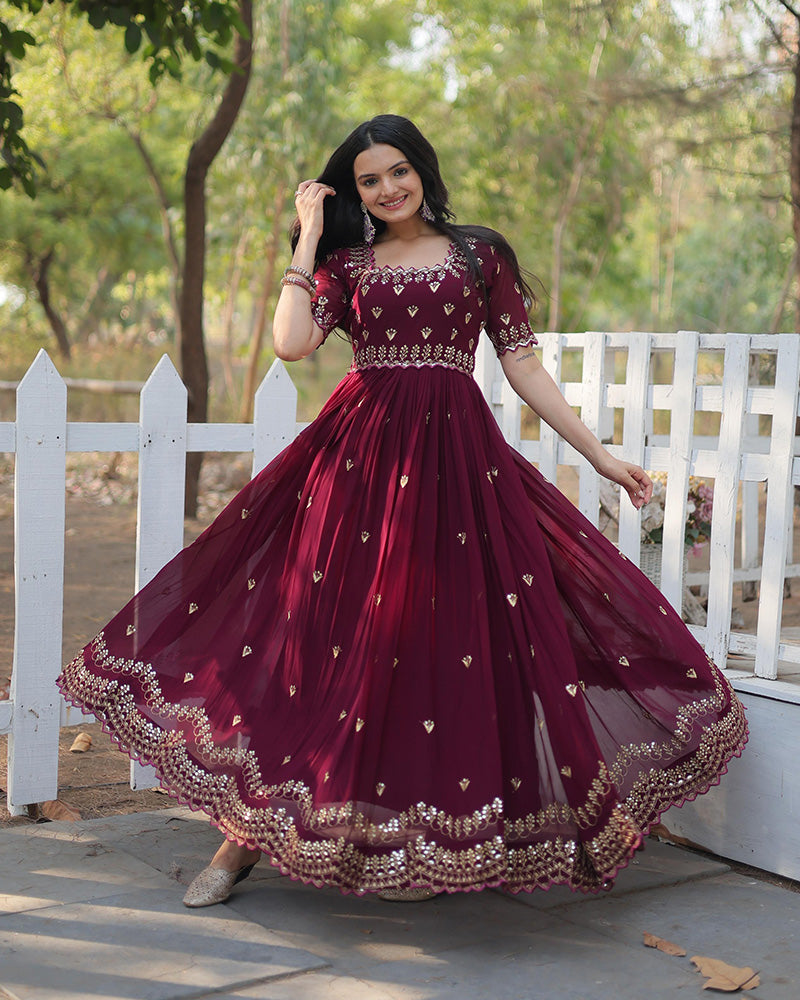 Reddish Maroon Color Designer Georgette Long Gown