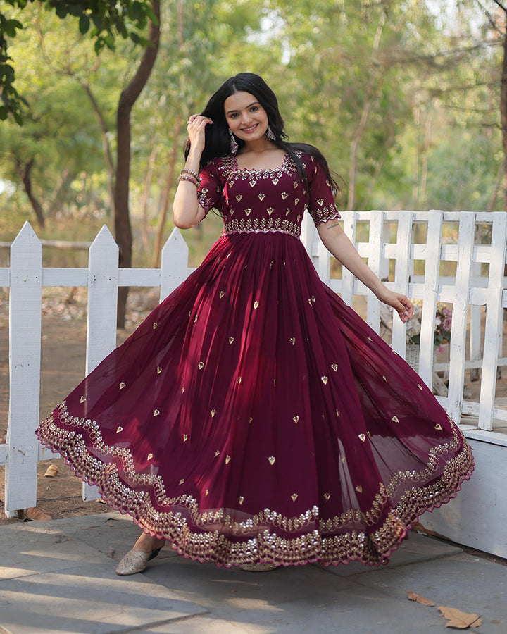 Reddish Maroon Color Designer Georgette Long Gown